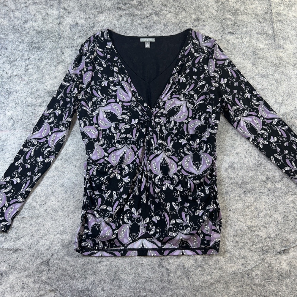 Apt 9 Babydoll Blouse Women's 1X Purple Black Geometric Sheer Sleeve Fairy Y2K